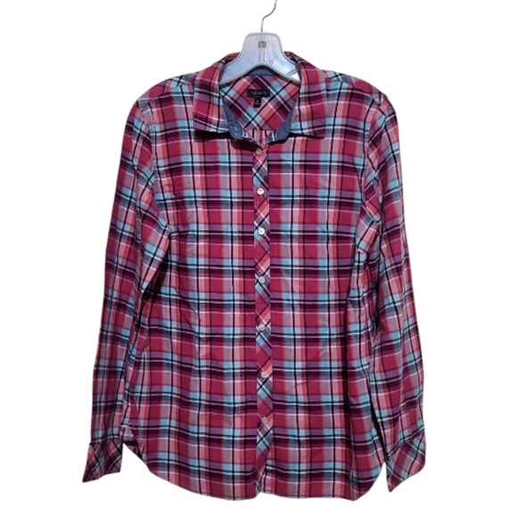 Talbots Women's Button Down Pink Aqua Plaid Long Sleeve Shirt Size Medium - Picture 2 of 6